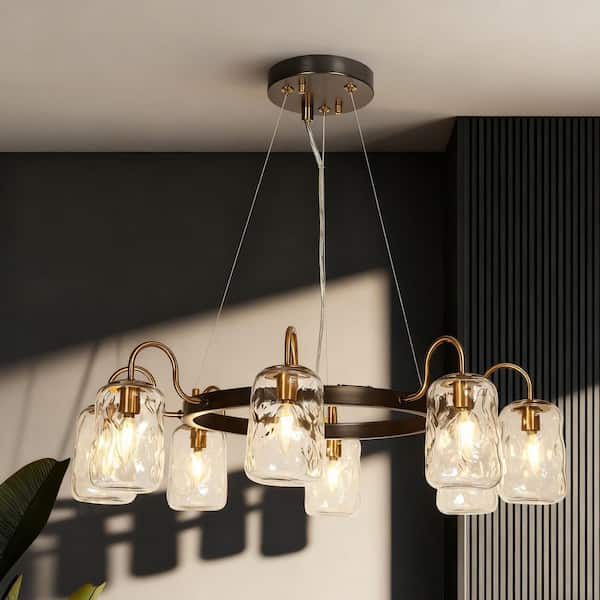 LNC Cellar Modern 8-Light Gunmetal Gray and Brass Wagon Wheel Chandelier for Living Room with Mason Jar Textured Glass Shade