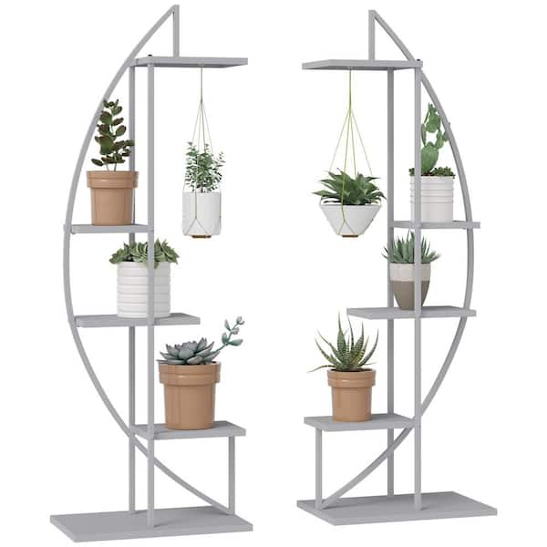 Unbranded 13 in. W x 20.75 in. D x 60.75 in. H Indoor/Outdoor Gray Metal Plant Stand 5-Tier with Hangers