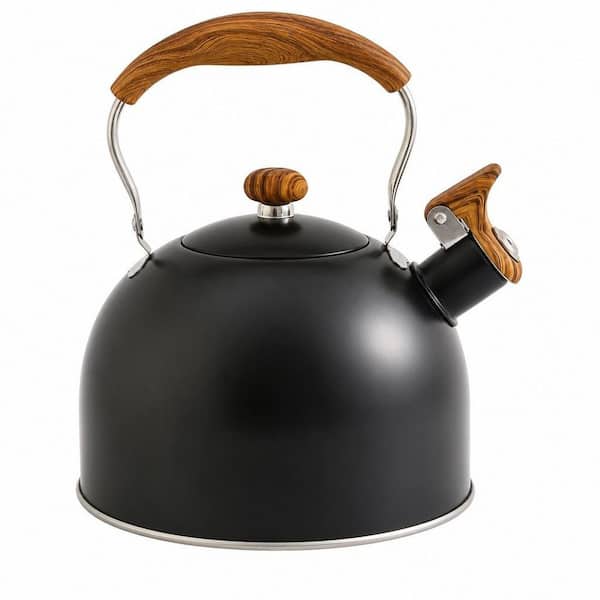 2.5 qt. 10-Cup Whistling Tea Kettle for Stove Top with Food Grade Stainless Steel and Wooden Folding Handle, Black
