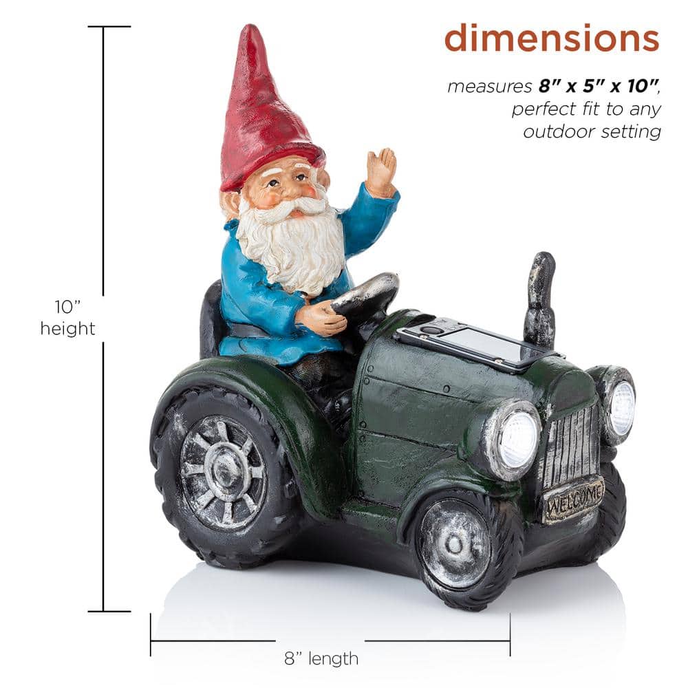 10" Green Polyresin Solar Gnome on Tractor with LED Lights