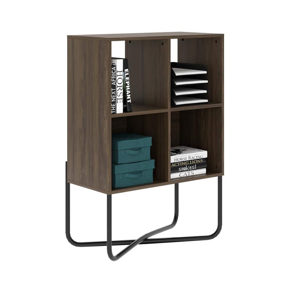 Modern Symmetrical 2-Tier Walnut Bookcase with Steel Cross-Legs