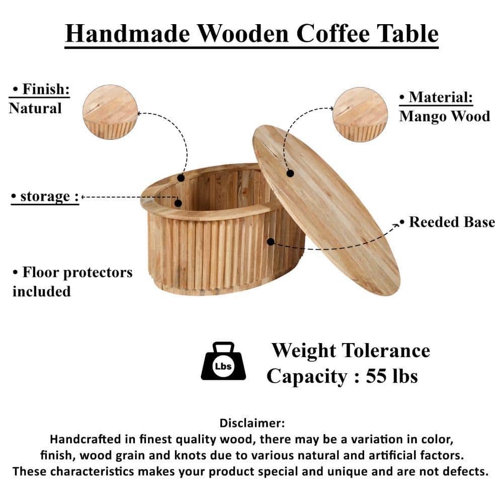 Natural Brown Oval Mango Wood Coffee Table with Hidden Storage