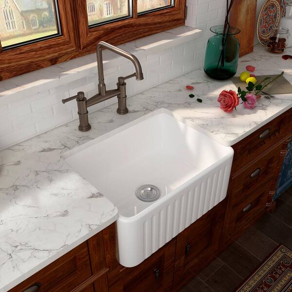 Eridanus White Ceramic 24 In Single Bowl Farmhouse Apron Kitchen Sink With Grid And Strainer Jun Sink 007 The Home Depot