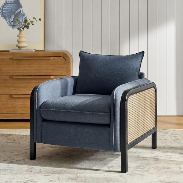 JAYDEN CREATION Anitra Navy Upholstered Armchair with Woven Rattan Arms