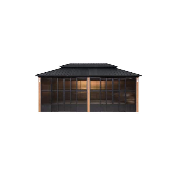 12 ft. x 20 ft. Sunroom Hardtop Gazebo Solarium Galvanized Steel Double Roof Aluminum Screen House Patio Backyard Brown