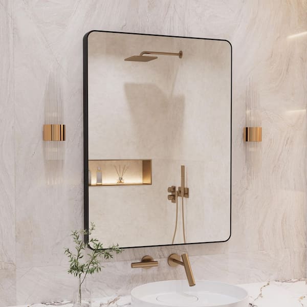 Hpeytaire 32 in. W x 24 in. H Rectangle Seamless Rounded Frame Wall Bathroom Vanity Mirror in Matte Black