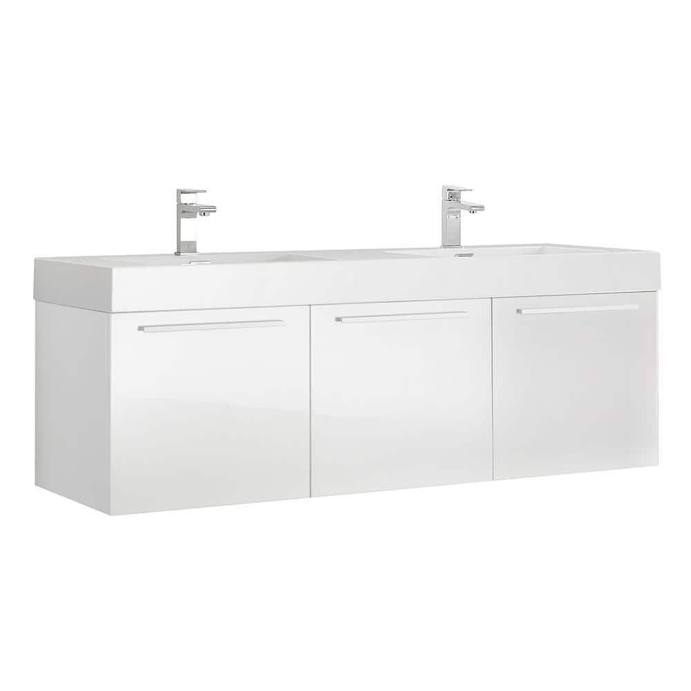 Vista 60'' Glossy White Wall Mounted Double Bathroom Vanity with Acrylic Top