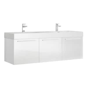 Vista 60 in. Modern Wall Hung Bath Vanity in White with Double Vanity Top in White with White Basins