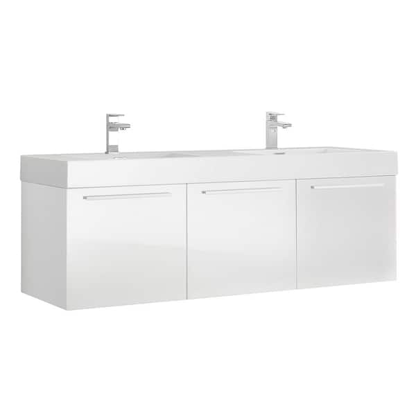 Fresca Vista 60 in. Modern Wall Hung Bath Vanity in White with Double Vanity Top in White with White Basins