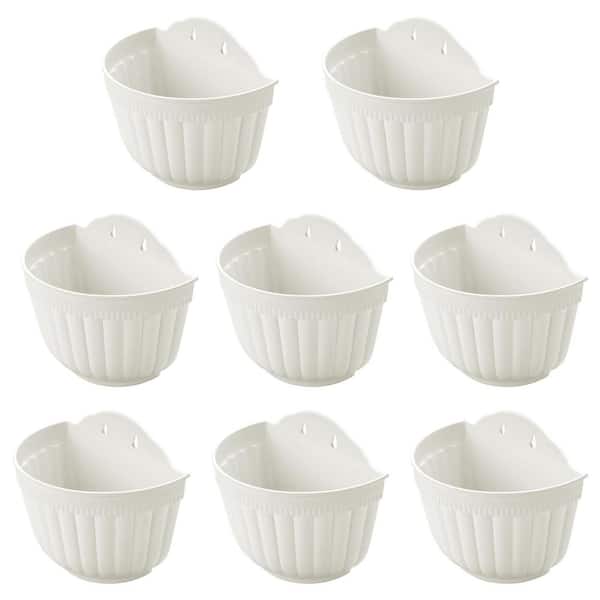 8-Piece White Plastic Wall Hanging Planters, Railing Planters with Drainage Hole, Hooks and Screws