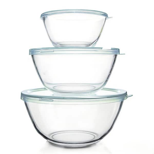 3-Piece Borosilicate Glass Mixing Bowl Set with Airtight Lids, Nesting for Space Saving (4.5QT, 2.7QT, 1.1QT)