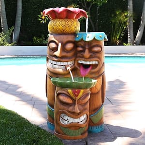 35 in. Tall Outdoor 3-Tier Tiki Head Waterfall Fountain Yard Art Decor, Multicolor