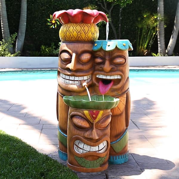 35 in. Tall Outdoor 3-Tier Tiki Head Waterfall Fountain Yard Art Decor, Multicolor