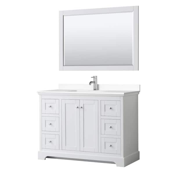 Wyndham Collection Avery 48"W x 22"D Single Vanity in White w/ Cultured Marble Vanity Top in White w/ Basin & Mirror