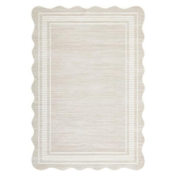 8 ft. x 10 ft. Beige Scalloped Area Rug, Washable Modern Border Carpet, Low Pile Non Slip Rug for Living Room Bedroom