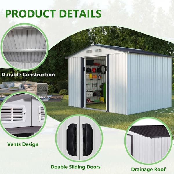 HOGYME 8 x 8 ft. Outdoor Storage Shed, Garden Tool Shed with Double Sliding  Doors, 4 Vents for Backyard Patio Lawn Pool, White+Gray 