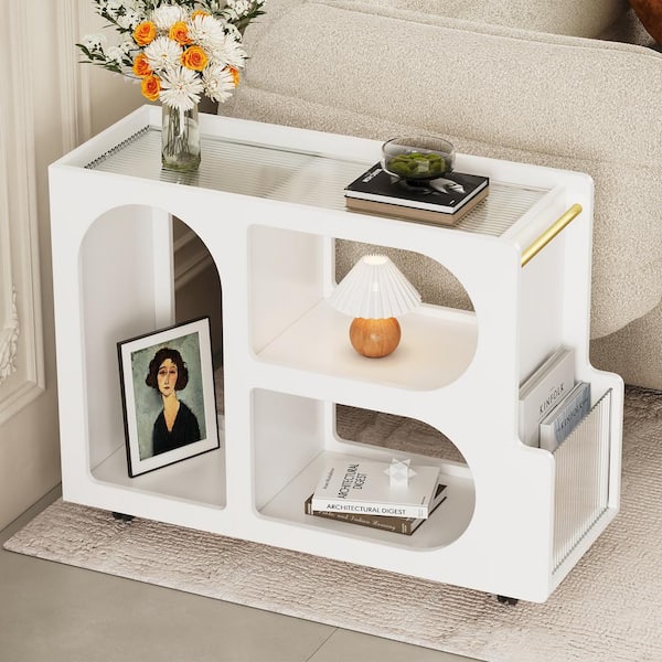 Nestfair 31.5 in. White Rectangle Glass End Table with Lockable Wheels with 5mm Thick Fluted Tempered Glass