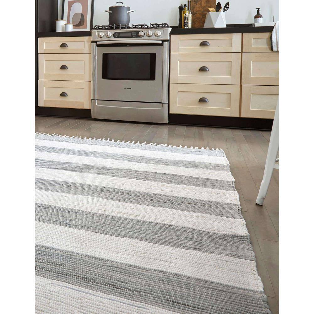 Gray and Ivory Striped Cotton Fringe Area Rug