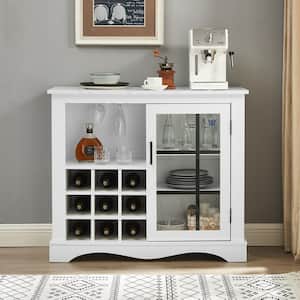 39 in. White Wood Buffet Bar Cabinet with Glass Door Wine Rack with Marbling Pattern Countertop