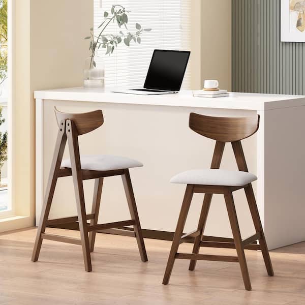 Marten 35.5 in. Light Beige and Walnut Fabric Upholstered Counter Stool (Set of 2)