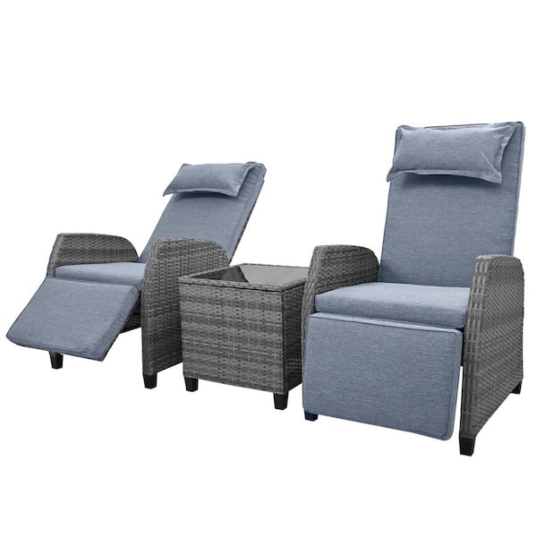 Anvil Wicker Outdoor Adjustable Lounge Chair Patio Recliner Chair with Gray Cushion and Coffee Table (2-Pack)
