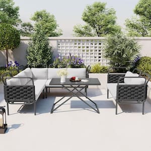 5-Piece Solid Wood Patio Conversation Set with Side Table and Black and Gray Cushions