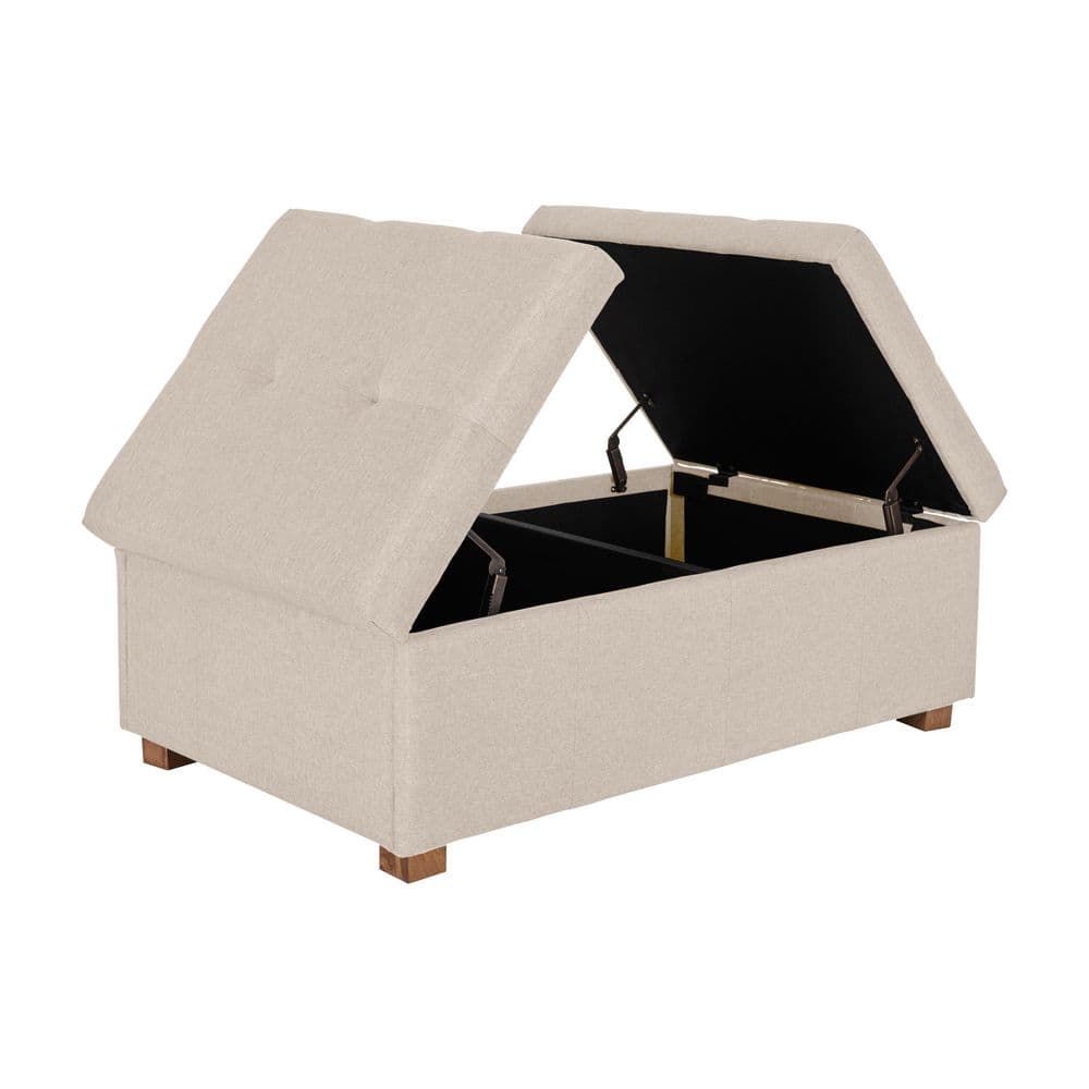Beige Tufted Double Storage Ottoman with Solid Wood Legs