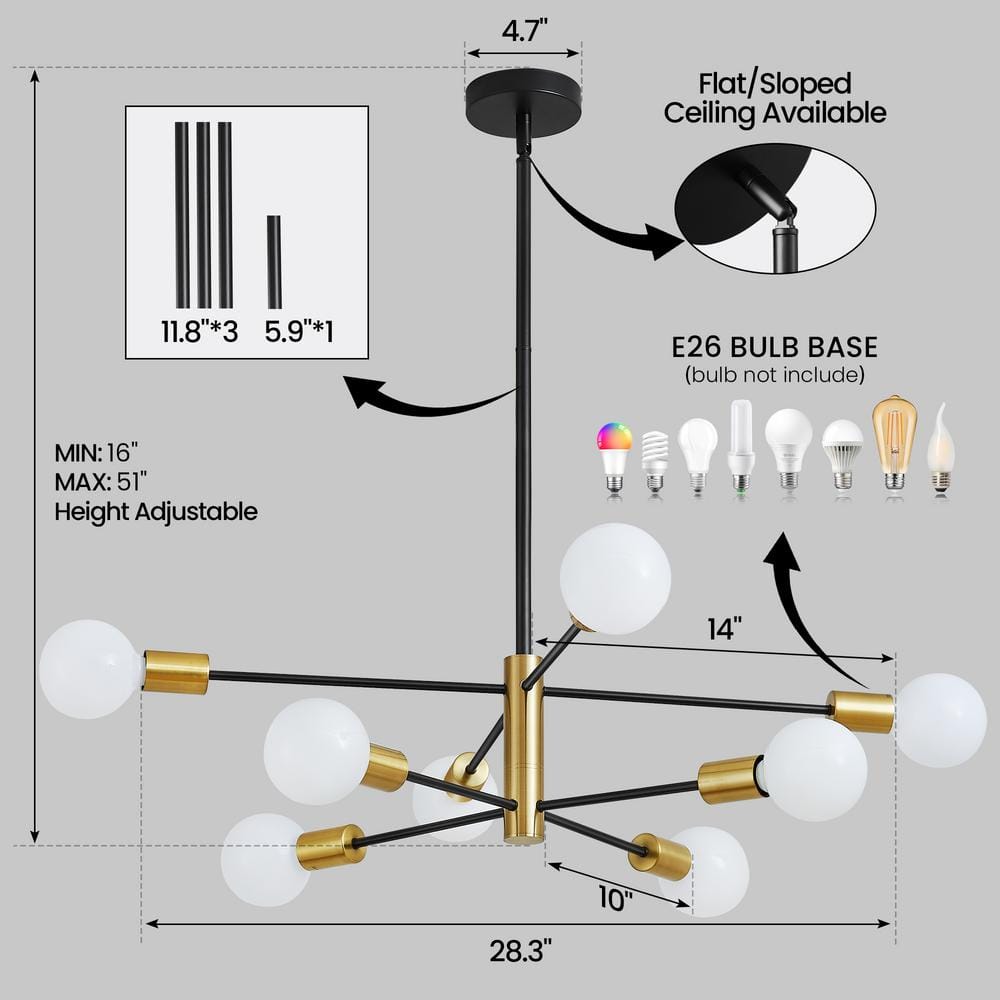 Black and Gold 8-Light Sputnik Chandelier with Adjustable Height