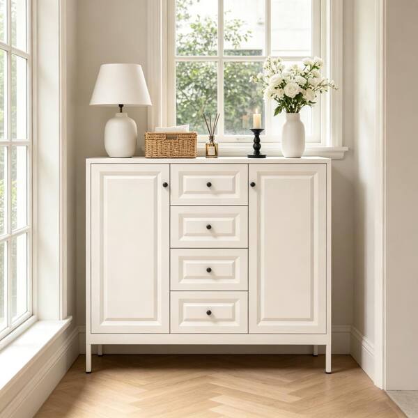 40.16'' Beige Steel Freestanding Accent Storage Cabinet with 4 Drawers & 2 Doors,Sideboard/Buffet/Console Cabinet JJ-P487623