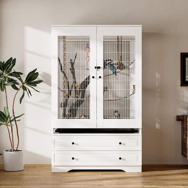 Outdoor Bird Aviary Wooden Large Bird Cage for Finches, Parakeet, Large Bird House, Indoor Parakeet Cage with 2 Drawers