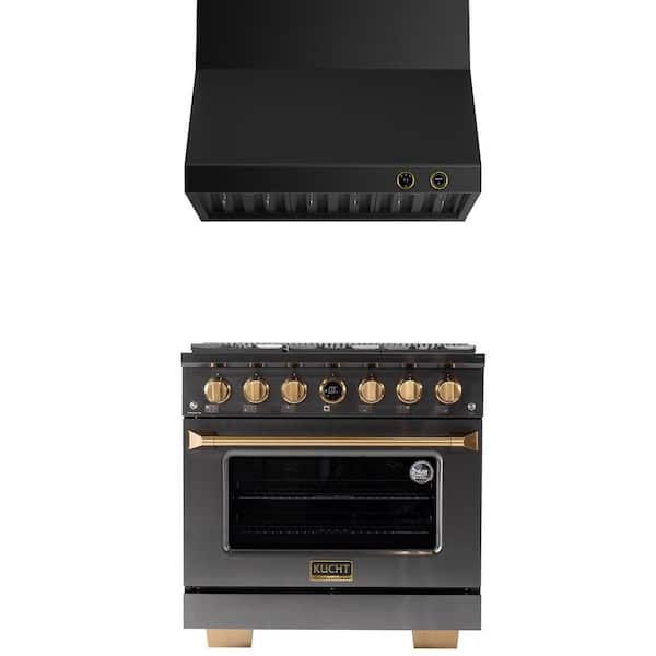 36 in. 5.2 cu. ft. 6-Burners Dual Fuel Range for Propane Gas in Titanium and Gold Plus Wall Mount Range Hood