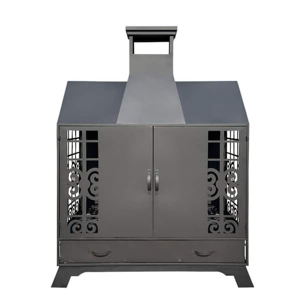 AMITY TRUN LLC 55.91 in. Iron Fireplace with Mesh Spark, Screen Doors, Fire Poker, Black