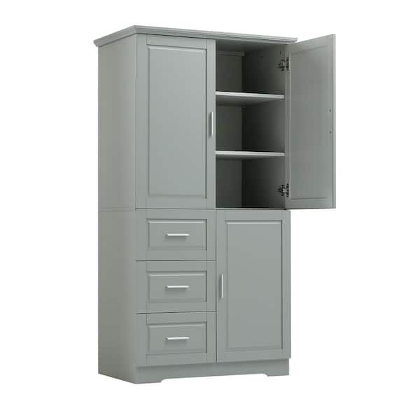 32.6 in. x 18.1 in. x 62.2 in. Tall and Wide Storage Utility/Linen Cabinet with Doors for Bath/Office, 3 Drawers, Grey