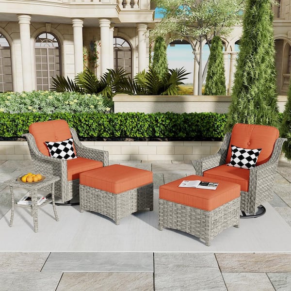 Tulip E 5-Piece Wicker Swivel Outdoor Rocking Chairs Patio Conversation Set with Orange Red Cushions