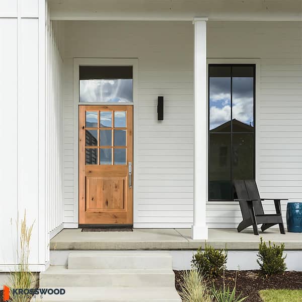 36 in. x 80 in. Rustic Knotty Alder Clear Low-E Glass 9-Lite Clear Stain Left Hand Inswing Single Prehung Front Door