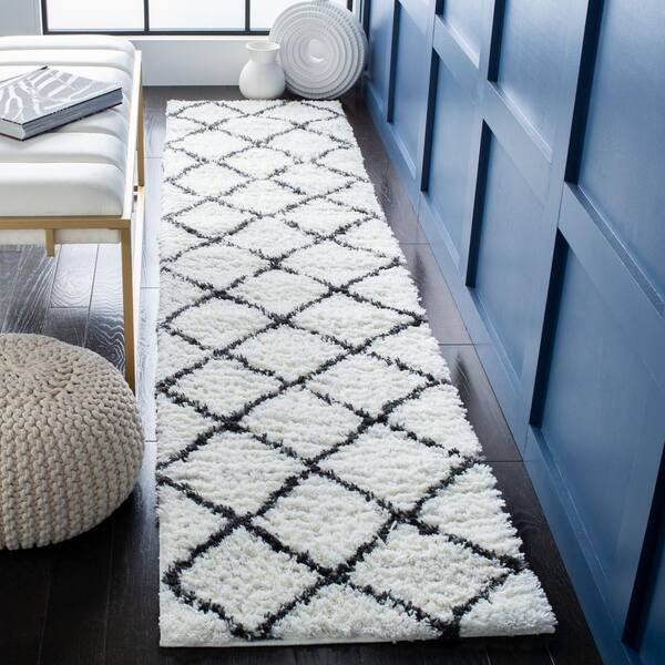 August Shag 2 ft. x 9 ft. Ivory/Black Geometric Diamond Runner Rug