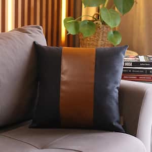 Bohemian Vegan Faux Leather Black and Brown 18 in. x 18 in. Square Solid Throw Pillow