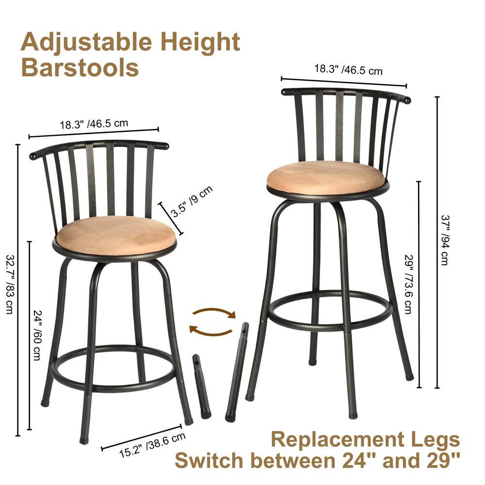 Adjustable Black Metal Swivel Barstools with Beige Suede Seats, Set of 2