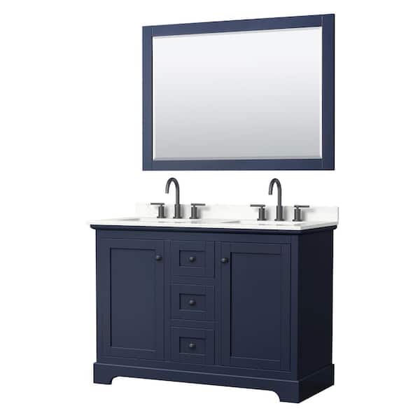 Wyndham Collection Avery 48 in. W x 22 in. D x 35 in. H Double Bath Vanity in Dark Blue with Giotto Quartz Top and 46 in. Mirror