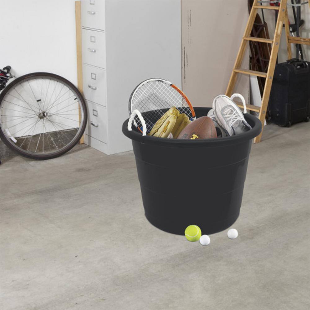 Set of 4 Black Large Plastic Utility Storage Buckets with Rope Handles