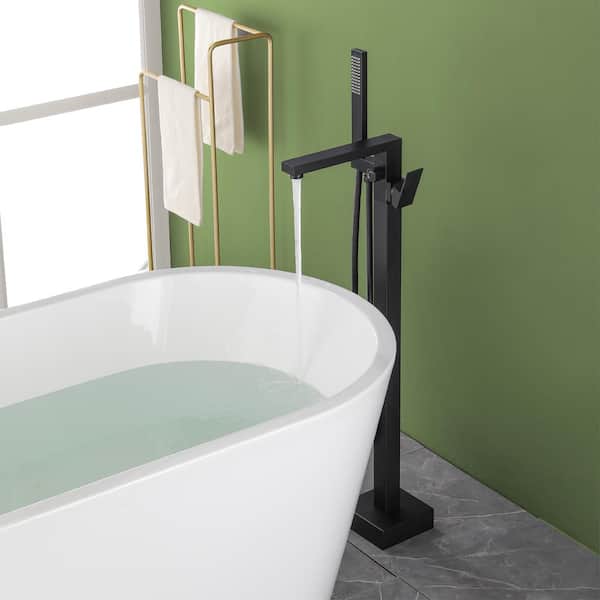 UKISHIRO Single Handle High Arc Floor Mount Freestanding Tub Faucet with Hand Shower in Matte Black