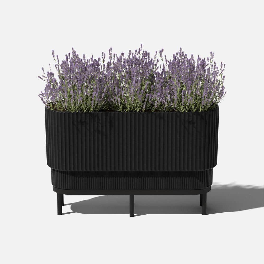 30" Black Plastic-Stone Raised Planter with Acacia Wood Stand