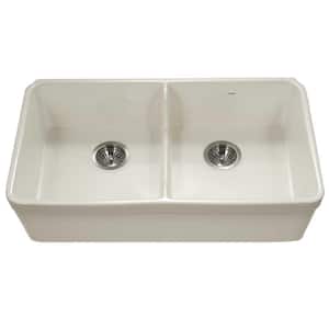 Platus Undermount Fireclay 32 in. 50/50 Double Bowl Kitchen Sink in Biscuit with Low Divide