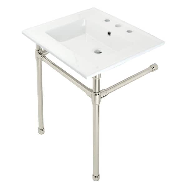 Kingston Brass Dreyfuss Ceramic White Console Sink Basin and Leg Combo in Polished Nickel