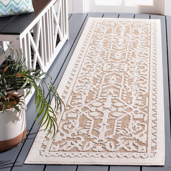 Global Beige/Light Beige 2 ft. x 8 ft. Runner Border High-low Indoor/Outdoor Area Rug