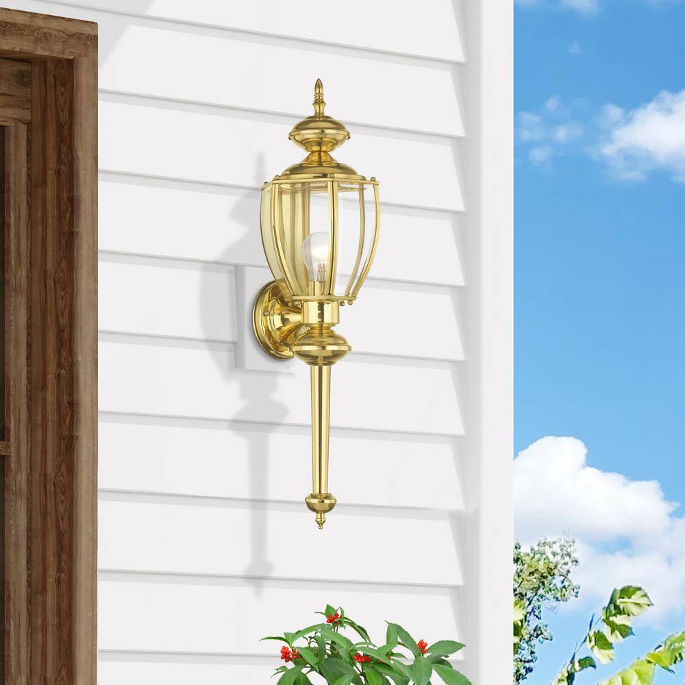 Elegant Polished Brass Outdoor Wall Lantern with Clear Beveled Glass
