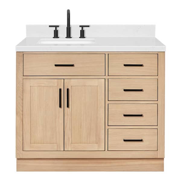 Hepburn 42 in. W x 22 in. D x 36 in. H Single Freestanding Bath Vanity in Oak with Carrara White Quartz Top