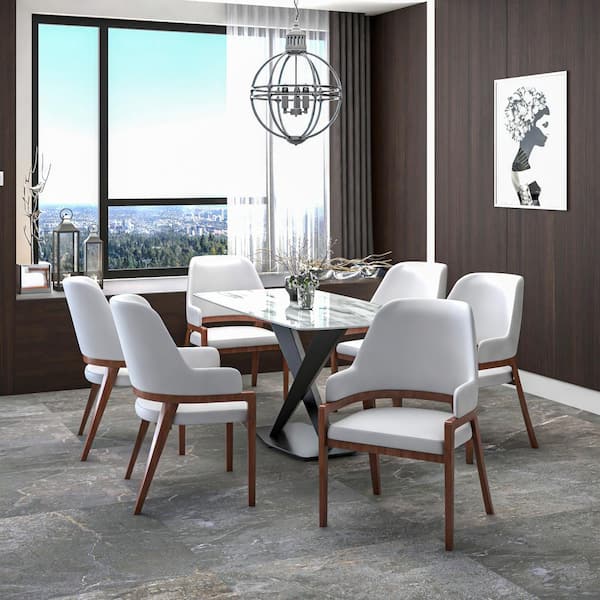 Leisuremod Dining Chair Upholstered in Leather with Curved Open Back and Rubberwood Legs Ethora Collection in White