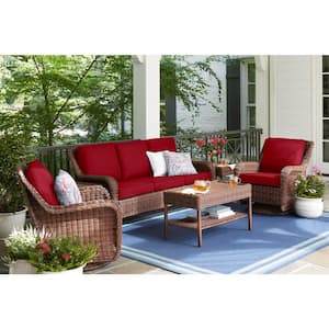 Cambridge Brown Wicker Outdoor Patio Sofa with CushionGuard Chili Red Cushions