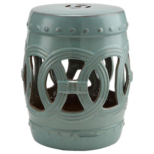 Unbranded 14 in. x 17 in. Antique-Blue Green Ceramic Garden Stool with Double-Coin Knotted Ring Design and Strong Glazed Material
